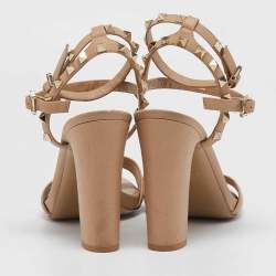 Valentino Beige Leather Rockstud Ankle Strap Sandals Size 40.5