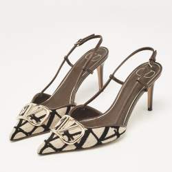 Pre Owned Valentino Beige/Brown Canvas and Leather VLogo Slingback Pumps Size 38