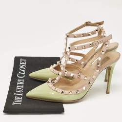 Valentino Green/Dusty Pink Patent and Leather Rockstud Ankle Strap Pumps Size 40