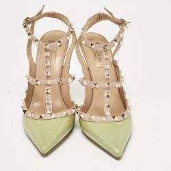 Valentino Green/Dusty Pink Patent and Leather Rockstud Ankle Strap Pumps Size 40