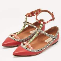 Valentino Multicolor Leather Rockstud Ankle Strap Ballet Flats Size 36