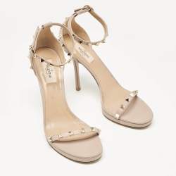 Valentino Beige Leather Rockstud Ankle Strap Sandals Size 40
