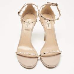 Valentino Beige Leather Rockstud Ankle Strap Sandals Size 40
