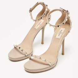 Valentino Beige Leather Rockstud Ankle Strap Sandals Size 40