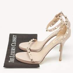 Valentino Beige Leather Rockstud Ankle Strap Sandals Size 40