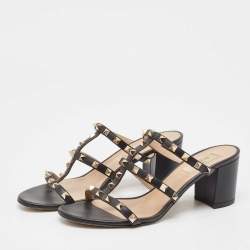 Pre Owned Valentino Black Leather Rockstud Slide Sandals Size 39.5