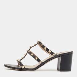 Pre Owned Valentino Black Leather Rockstud Slide Sandals Size 39.5