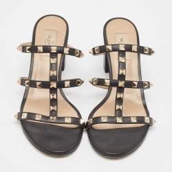 Pre Owned Valentino Black Leather Rockstud Slide Sandals Size 39.5