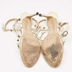Pre Owned Valentino Cream Leather Rockstud Ankle Strap Sandals Size 38