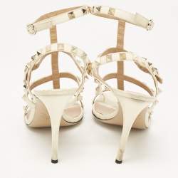 Pre Owned Valentino Cream Leather Rockstud Ankle Strap Sandals Size 38