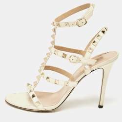 Pre Owned Valentino Cream Leather Rockstud Ankle Strap Sandals Size 38