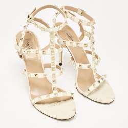Pre Owned Valentino Cream Leather Rockstud Ankle Strap Sandals Size 38