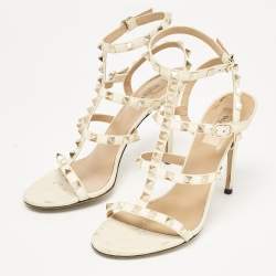 Pre Owned Valentino Cream Leather Rockstud Ankle Strap Sandals Size 38