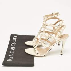 Pre Owned Valentino Cream Leather Rockstud Ankle Strap Sandals Size 38