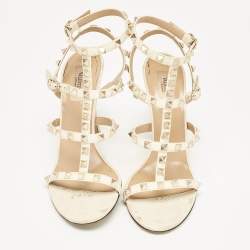 Pre Owned Valentino Cream Leather Rockstud Ankle Strap Sandals Size 38