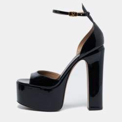 Pre Owned Valentino Black Patent Leather Tan-Go Platform Sandals Size 39