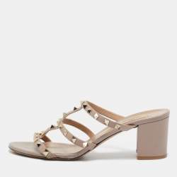 Pre Owned Valentino Dusty Pink Leather Rockstud Strappy Block Heel Sandals Size 40.5