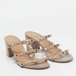 Pre Owned Valentino Dusty Pink Leather Rockstud Strappy Block Heel Sandals Size 40.5
