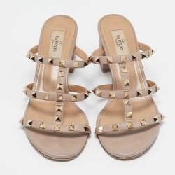 Pre Owned Valentino Dusty Pink Leather Rockstud Strappy Block Heel Sandals Size 40.5