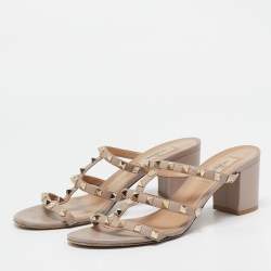 Pre Owned Valentino Dusty Pink Leather Rockstud Strappy Block Heel Sandals Size 40.5