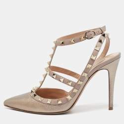 Pre Owned Valentino Metallic/Beige Leather Rockstud Pumps Size 37.5