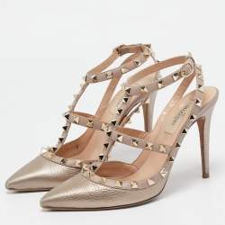 Pre Owned Valentino Metallic/Beige Leather Rockstud Pumps Size 37.5