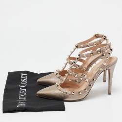 Pre Owned Valentino Metallic/Beige Leather Rockstud Pumps Size 37.5