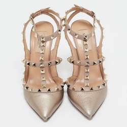 Pre Owned Valentino Metallic/Beige Leather Rockstud Pumps Size 37.5