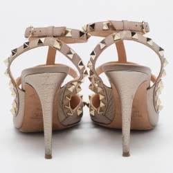 Pre Owned Valentino Metallic/Beige Leather Rockstud Pumps Size 37.5