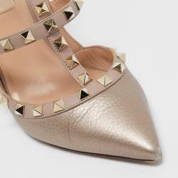 Pre Owned Valentino Metallic/Beige Leather Rockstud Pumps Size 37.5