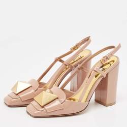 Pre Owned Valentino Beige Patent Leather One Stud Block Heel Pumps Size 36