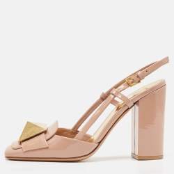 Pre Owned Valentino Beige Patent Leather One Stud Block Heel Pumps Size 36