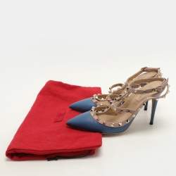Pre Owned Valentino Blue/Beige Leather Rockstud Ankle Strap Pumps Size 39