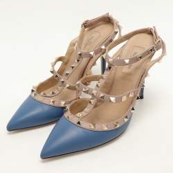 Pre Owned Valentino Blue/Beige Leather Rockstud Ankle Strap Pumps Size 39