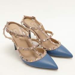 Pre Owned Valentino Blue/Beige Leather Rockstud Ankle Strap Pumps Size 39