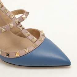 Pre Owned Valentino Blue/Beige Leather Rockstud Ankle Strap Pumps Size 39