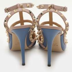 Pre Owned Valentino Blue/Beige Leather Rockstud Ankle Strap Pumps Size 39