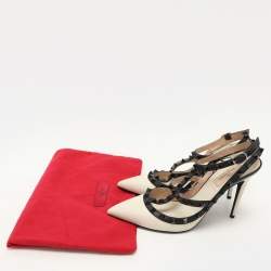 Pre Owned Valentino Cream/Black Leather Rockstud Ankle Strap Pumps Size 39