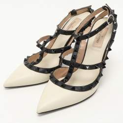 Pre Owned Valentino Cream/Black Leather Rockstud Ankle Strap Pumps Size 39