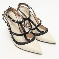 Pre Owned Valentino Cream/Black Leather Rockstud Ankle Strap Pumps Size 39