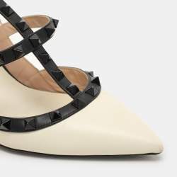 Pre Owned Valentino Cream/Black Leather Rockstud Ankle Strap Pumps Size 39