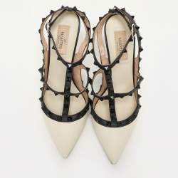 Pre Owned Valentino Cream/Black Leather Rockstud Ankle Strap Pumps Size 39