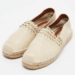 Pre Owned Valentino Cream Leather Studded Espadrille Flats Size 38