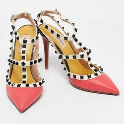 Pre Owned Valentino Multicolor Leather Rockstud Ankle Strap Pumps Size 37.5
