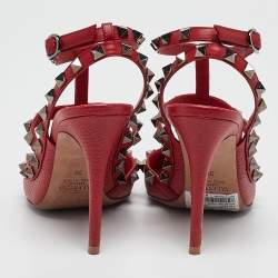 Pre Owned Valentino Red Leather Rockstud Ankle Strap Pumps Size 36
