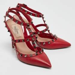 Pre Owned Valentino Red Leather Rockstud Ankle Strap Pumps Size 36