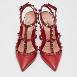Pre Owned Valentino Red Leather Rockstud Ankle Strap Pumps Size 36
