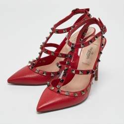 Pre Owned Valentino Red Leather Rockstud Ankle Strap Pumps Size 36