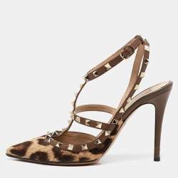 Pre Owned Valentino Brown/Beige Calf Hair and Leather Rockstud Pumps Size 40