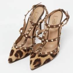 Pre Owned Valentino Brown/Beige Calf Hair and Leather Rockstud Pumps Size 40